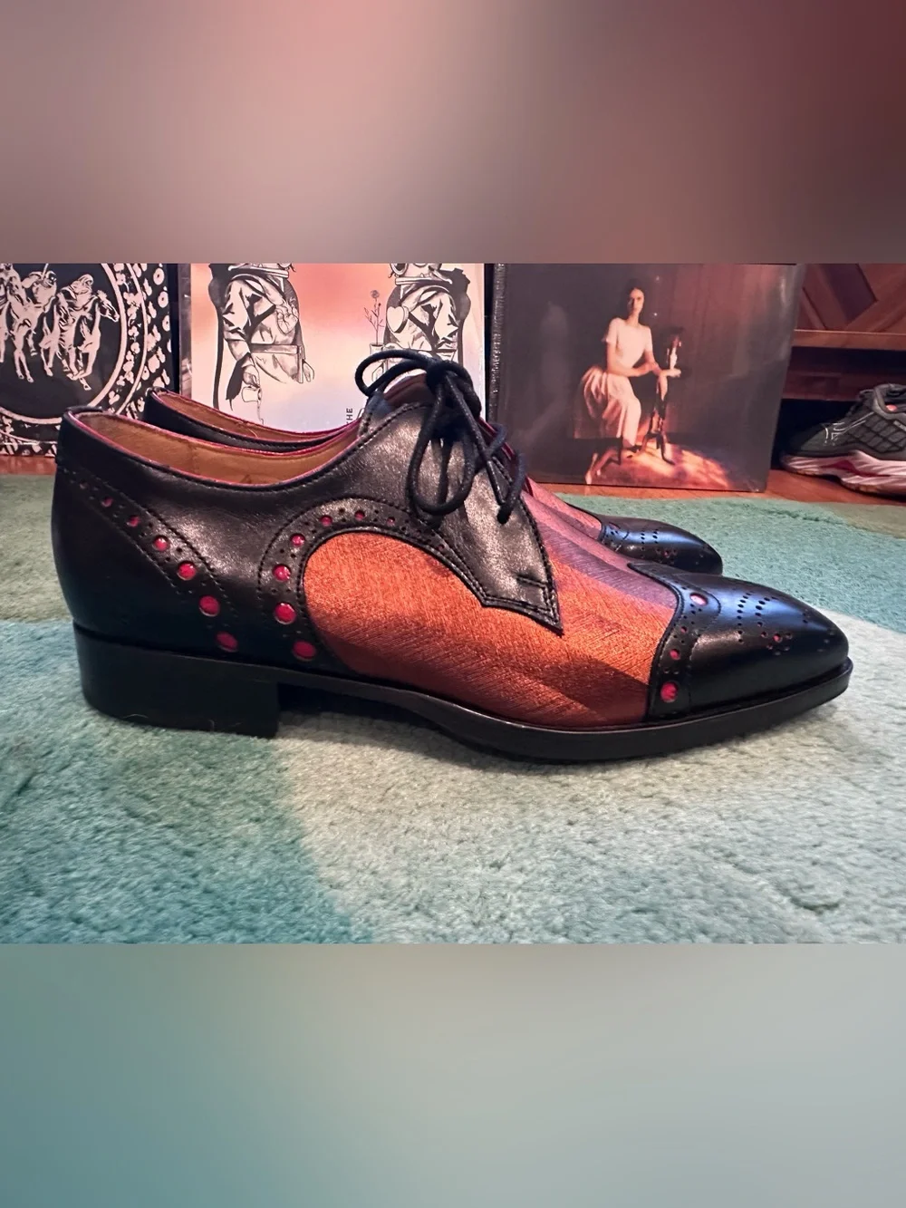 Fluevog NEW/BOX Rufus Magoo Duke black/copper brogue derby-M8/W10 (fits 7.5/9.5)